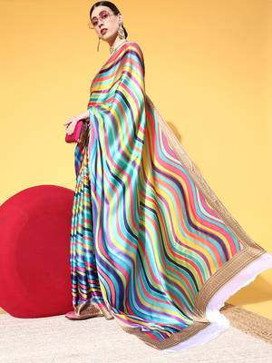 Multicolor Printed Satin Saree With Blouse 3
