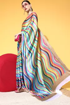 Multicolor Printed Satin Saree With Blouse