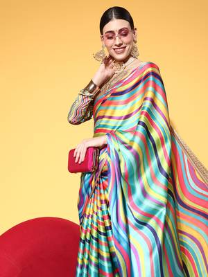 Multicolor Printed Satin Saree With Blouse 4