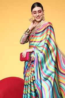 Multicolor Printed Satin Saree With Blouse