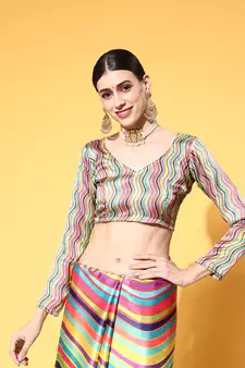 Multicolor Printed Satin Saree With Blouse