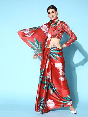 Red Printed Satin Saree With Blouse 1