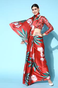 Red Printed Satin Saree With Blouse