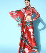 Red Printed Satin Saree With Blouse
