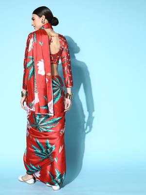 Red Printed Satin Saree With Blouse 2
