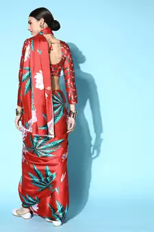 Red Printed Satin Saree With Blouse