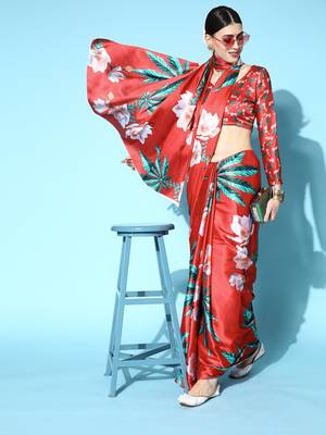 Red Printed Satin Saree With Blouse 3