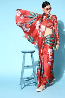 Red Printed Satin Saree With Blouse