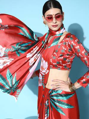 Red Printed Satin Saree With Blouse 4