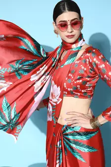 Red Printed Satin Saree With Blouse