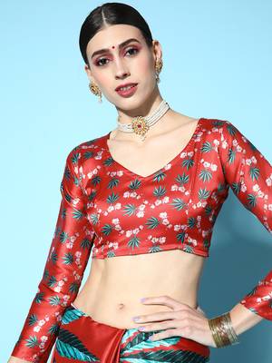 Red Printed Satin Saree With Blouse 5