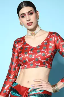 Red Printed Satin Saree With Blouse