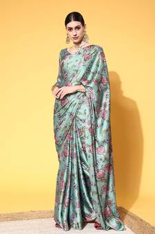 Sea Green Printed Satin Saree With Blouse