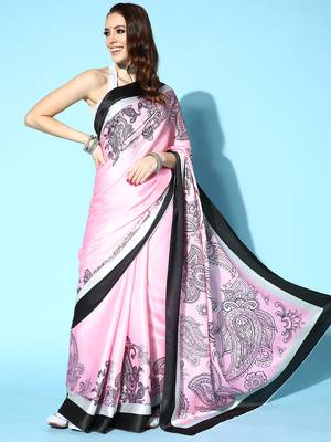 Pink Printed Satin Saree With Blouse 1