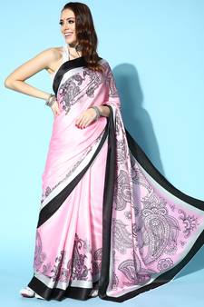 Pink Printed Satin Saree With Blouse