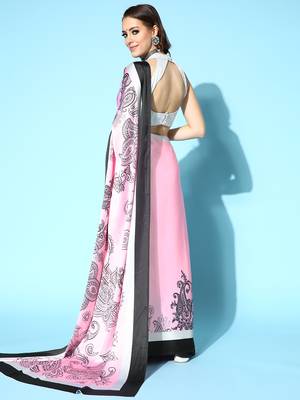 Pink Printed Satin Saree With Blouse 2