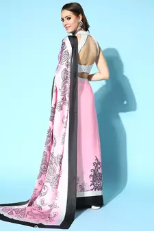 Pink Printed Satin Saree With Blouse