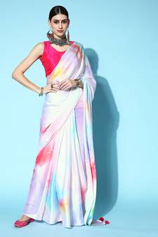 Multicolor Printed Satin Saree With Blouse