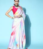 Multicolor Printed Satin Saree With Blouse