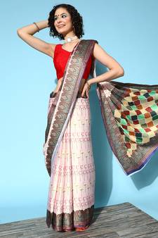 Beige Printed Satin Saree With Blouse