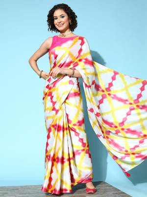 Cream printed satin saree with blouse 1