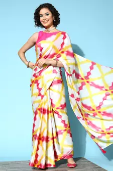Cream printed satin saree with blouse