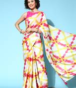 Cream printed satin saree with blouse