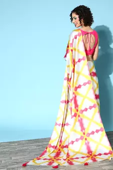 Cream printed satin saree with blouse