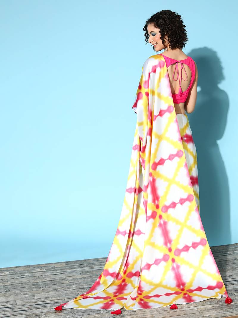 Cream printed satin saree with blouse