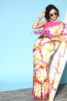 Cream printed satin saree with blouse