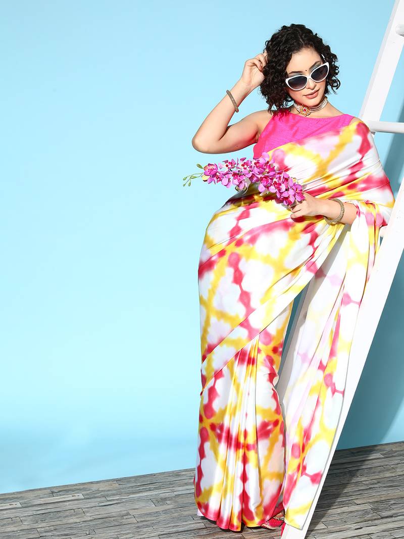 Cream printed satin saree with blouse