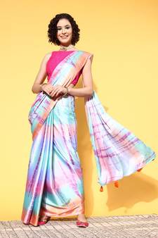 Multicolor Printed Satin Saree With Blouse