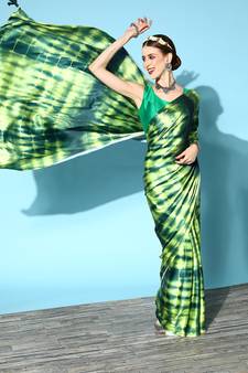 Dark Green Printed Satin Saree With Blouse