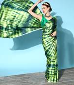 Dark Green Printed Satin Saree With Blouse