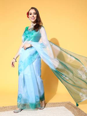 Sky Blue Printed Organza Saree With Blouse 1