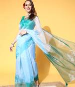 Sky Blue Printed Organza Saree With Blouse