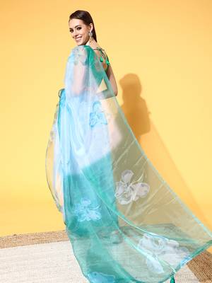 Sky Blue Printed Organza Saree With Blouse 2