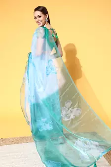 Sky Blue Printed Organza Saree With Blouse