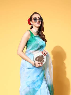 Sky Blue Printed Organza Saree With Blouse 4