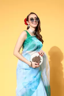 Sky Blue Printed Organza Saree With Blouse