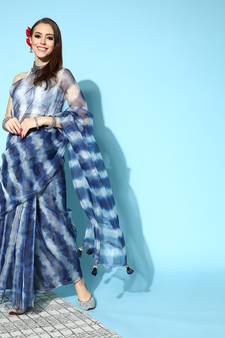 Navy Blue Printed Organza Saree With Blouse