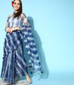 Navy Blue Printed Organza Saree With Blouse