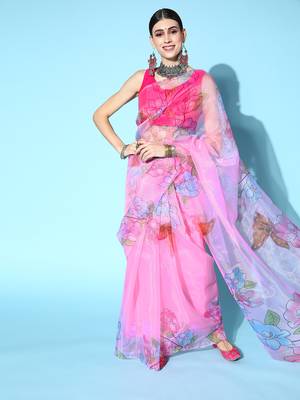 Pink Printed Organza Saree With Blouse 1