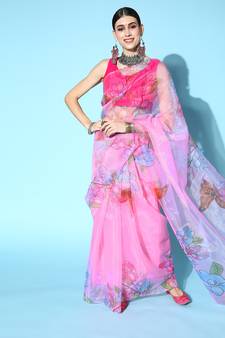 Pink Printed Organza Saree With Blouse