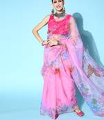 Pink Printed Organza Saree With Blouse
