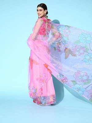 Pink Printed Organza Saree With Blouse 2