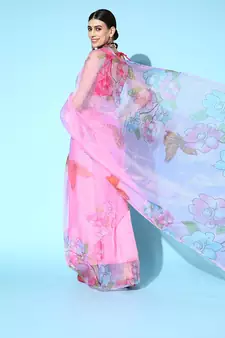 Pink Printed Organza Saree With Blouse