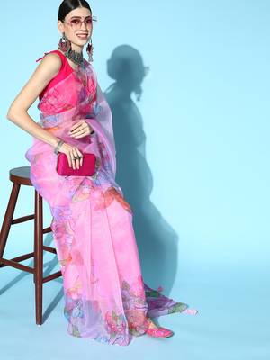 Pink Printed Organza Saree With Blouse 3