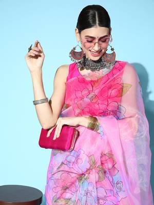 Pink Printed Organza Saree With Blouse 4