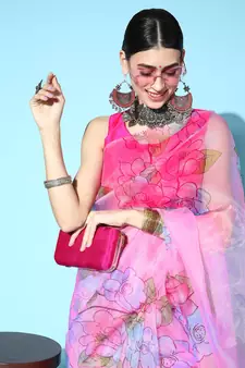 Pink Printed Organza Saree With Blouse